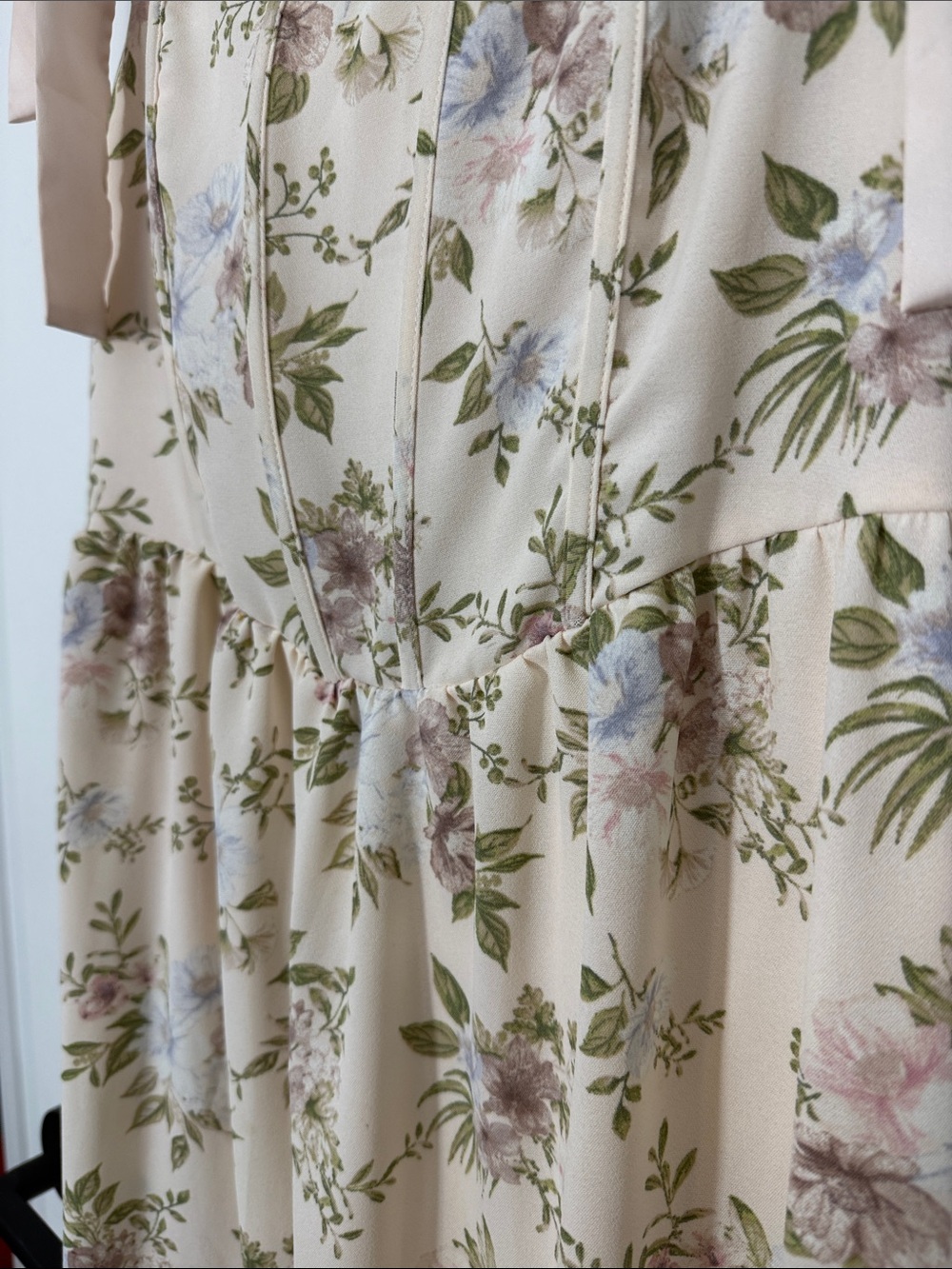 Women's Cream Floral Midi Dress with Tie Straps - Picture 6 of 7